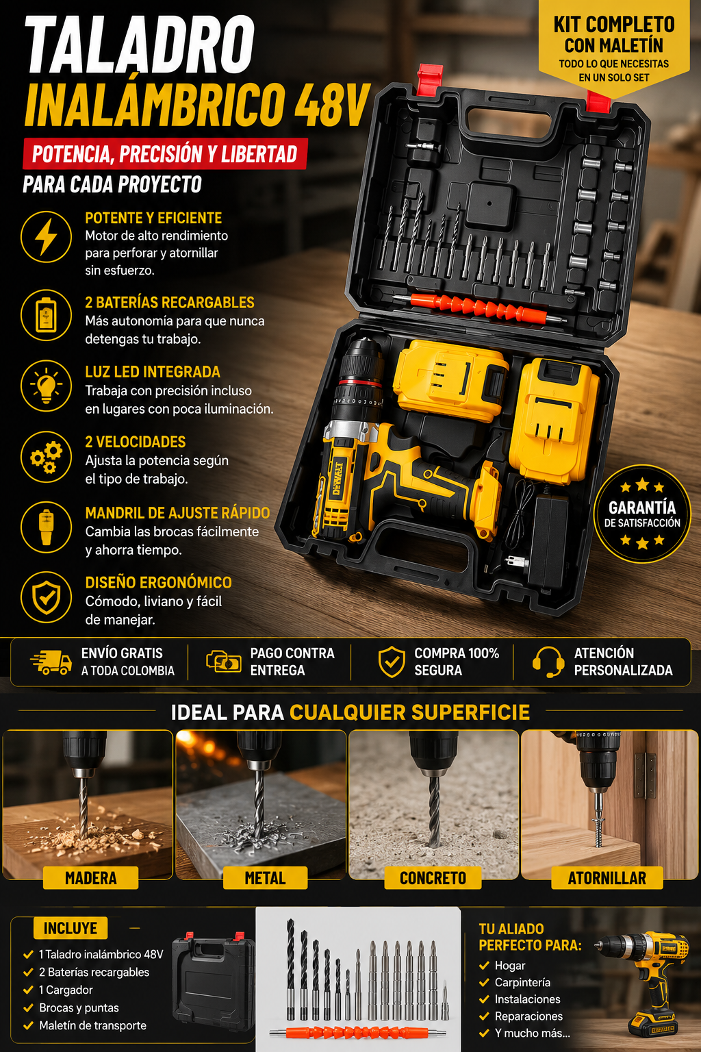 🔥Taladro Inalámbrico 48V + 2 Baterías + Maleta Profesional