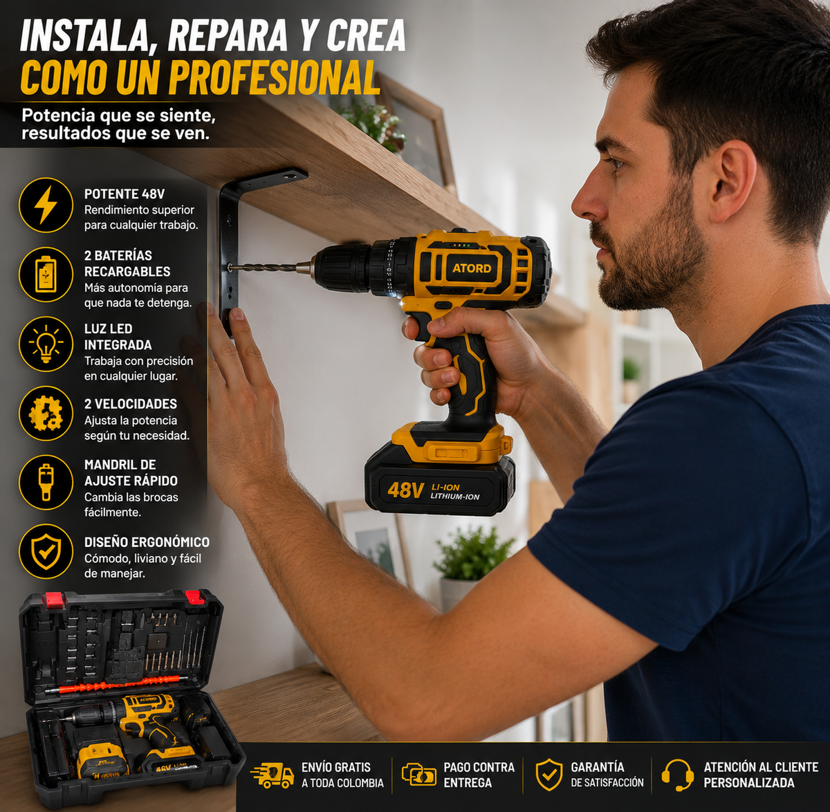 🔥Taladro Inalámbrico 48V + 2 Baterías + Maleta Profesional