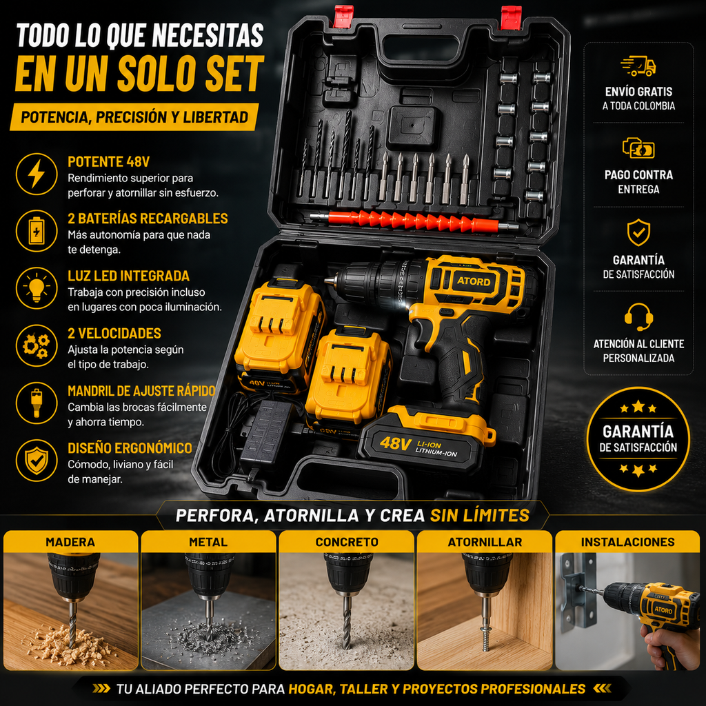 🔥Taladro Inalámbrico 48V + 2 Baterías + Maleta Profesional