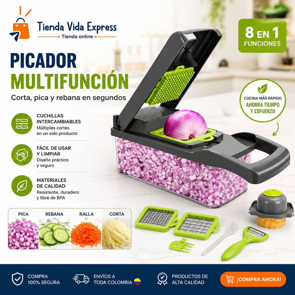 Picador Multifunción 15 en 1 – Corta, Rebana y Ralla en Segundos