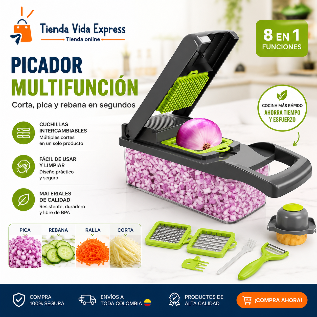 Picador Multifunción 15 en 1 – Corta, Rebana y Ralla en Segundos