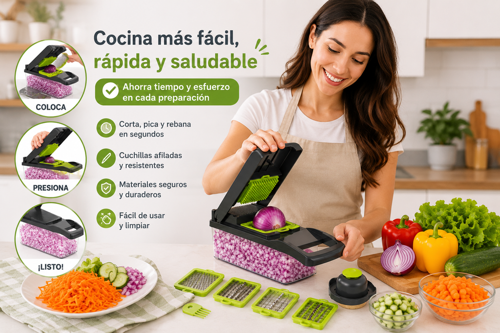Picador Multifunción 15 en 1 – Corta, Rebana y Ralla en Segundos